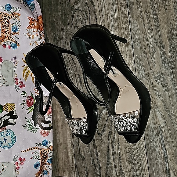 Miu Miu high heel black patent leather Rhinestones peep toe 36.5 (S2) - Picture 5 of 11